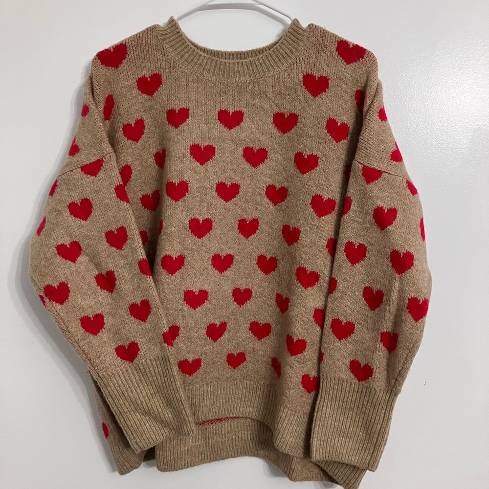 Vince Camuto Tan Sweater with Red Heart Pattern